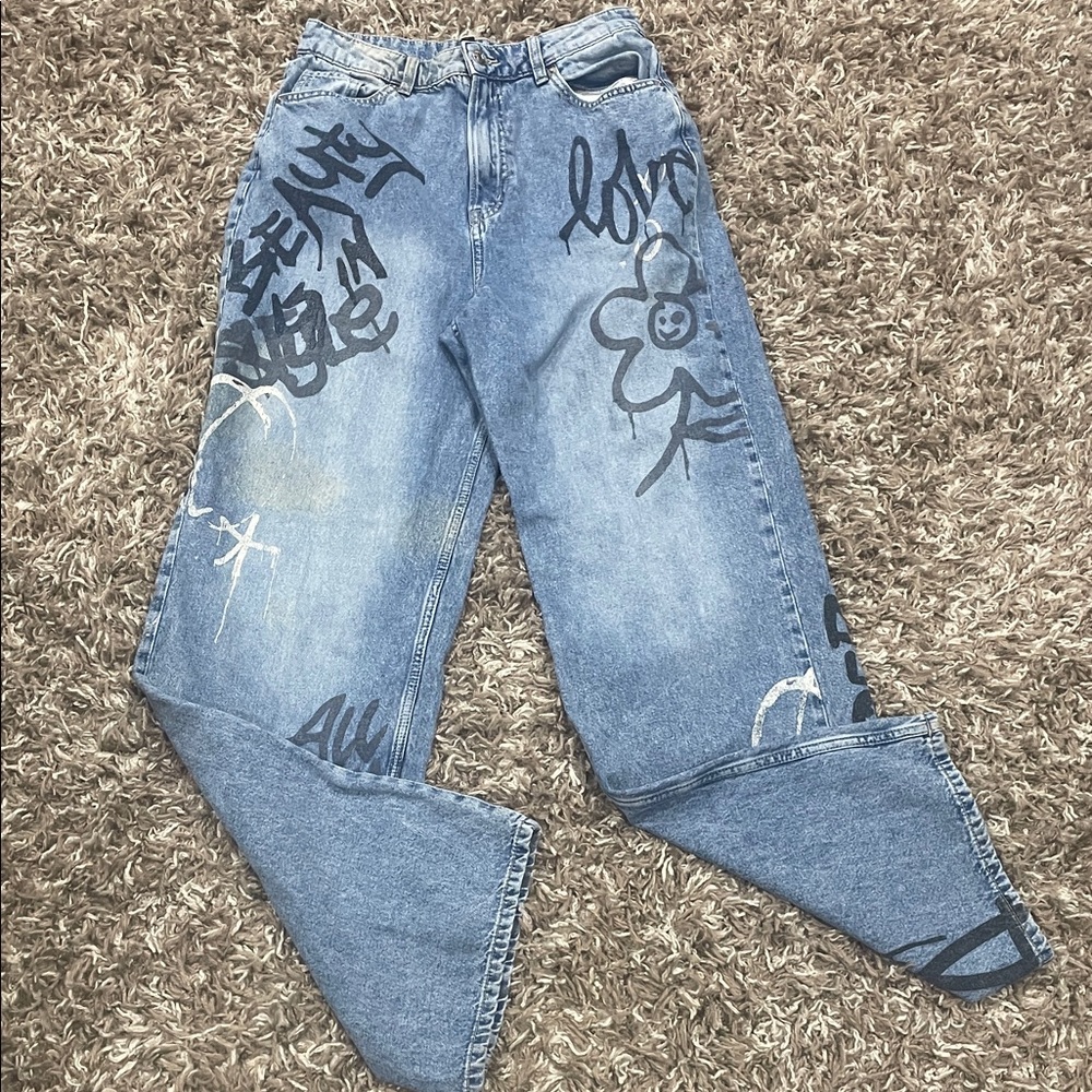 Divided Blue Jeans with Black Graffiti Design love beauty heart flower size 6